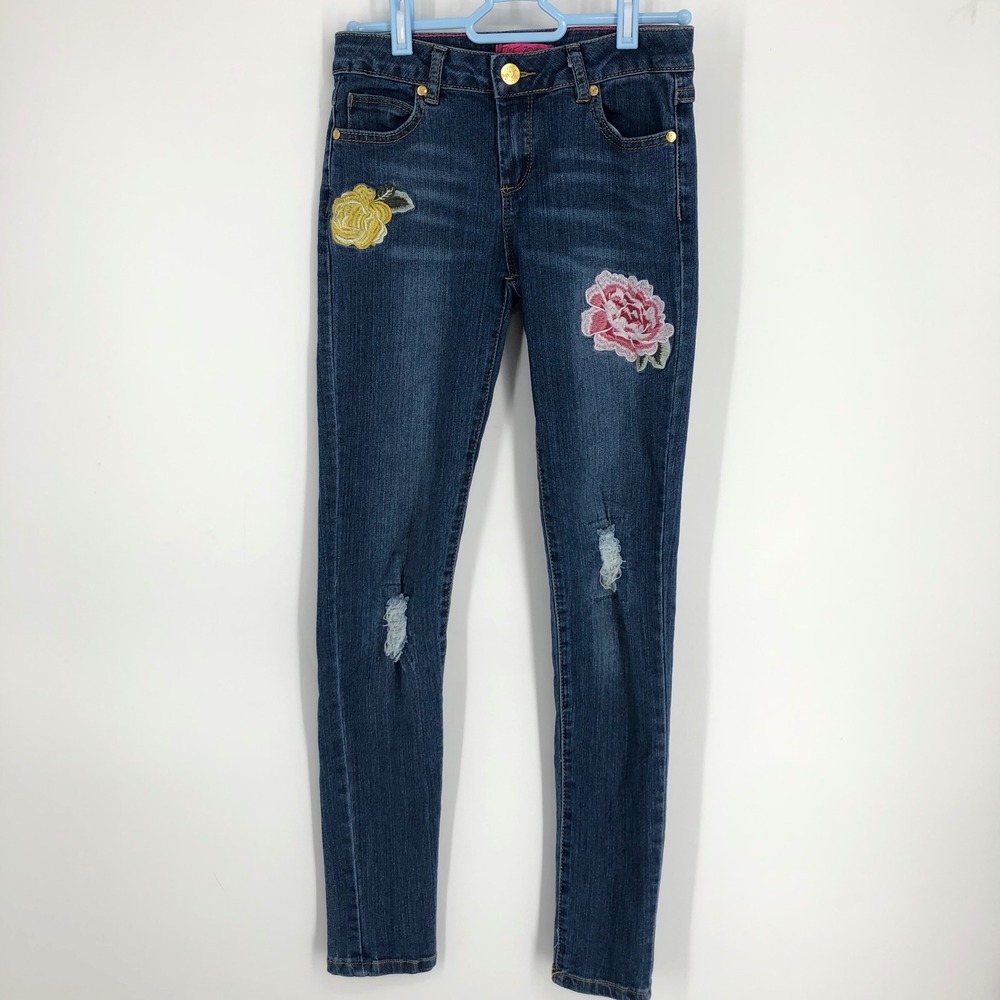 Betsey Johnson Girls Skinny Jeans Size 14 Juniors Floral Embroidered